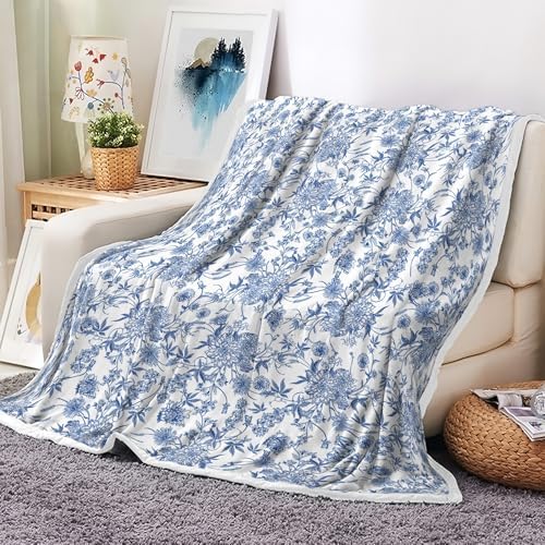Floral Blanket Blue Floral Throw Blanket, Botanical Flowers Blankets, Soft, Flannel, Warm, Boho Flowers Bed Blankets All Season for Couch Bedroom Living Room, Blue-3 50X60 Inch