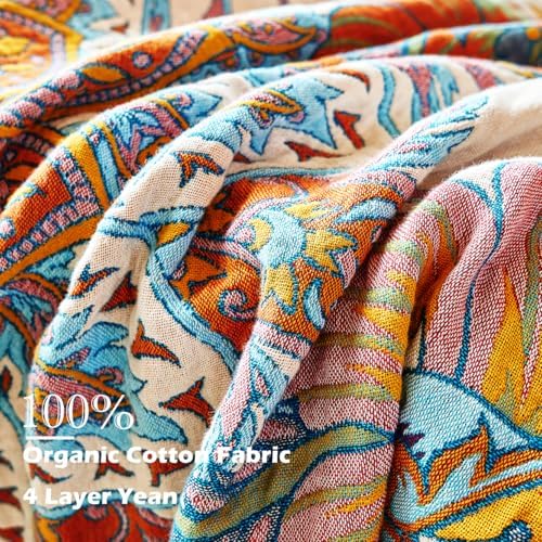 VANJOROY Boho Throw Blanket, 100% Organic Cotton Breathable Skin-Friendly Ultra Soft Bed Quilt Throw - All Season Floral Bird Farmhouse Décor Luxury Blanket for Sofa Couch Chair and Gift. 80" x 90"