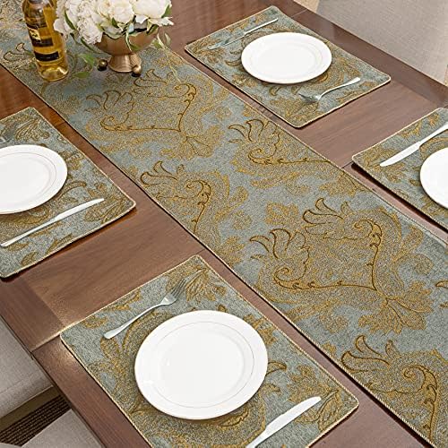 Loom and Mill Luxury Chenille Damask Table Runner 90 inches Long, Blue Gold