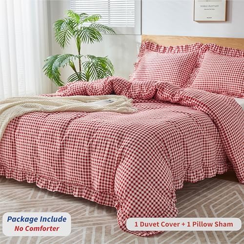 Gingham Duvet Cover Twin Size, 2 Pieces Soft Breathable Microfiber Plaid Duvet Cover with Zipper Closure & 1 Pillow Shams, Ruffle Farmhouse Vintage Decor, Red