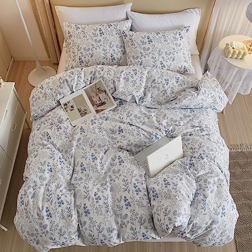 HighBuy 3 Pieces Duvet Cover King Size White Bedding Duvet Cover with Blue Floral Print,Coquette Bedding Soft Cotton Comforter Cover Boho Style,Aesthetic King Bedding Set with Zipper Closure 4 Ties