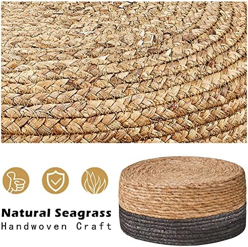 Cpintltr Ottoman Natural Seagrass Footrest Poufs Hand Weave Round Foot Stool for Couch Desk Soft Step Stool Padded Foot Rest with Pine Legs for Living Room Bedroom Natural/Black