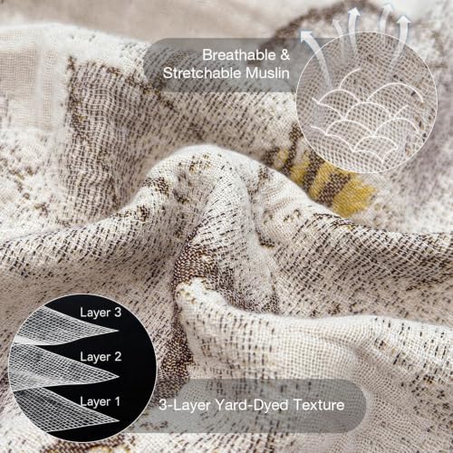 Simple&Opulence Cotton Muslin Throw Blanket 50"x60", Reversible Yarn-Dyed Vintage Khaki Floral Jacquard, 3-Layer Gauze with Tassels, Lightweight Breathable All-Season Decorative Blanket for Bed Couch