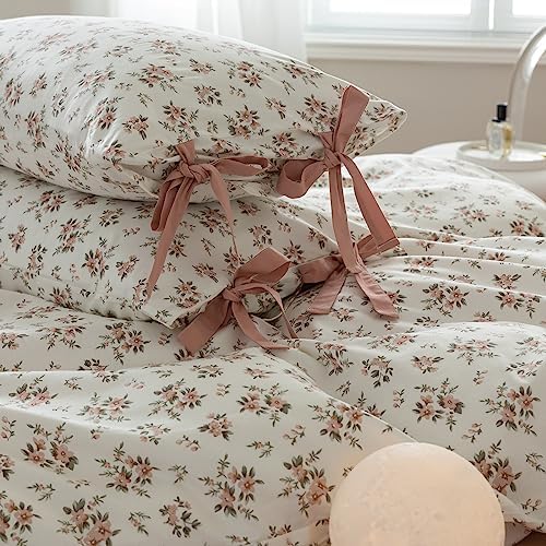 HighBuy Pink Floral Duvet Cover Set Queen Vintage Style Cozy Cotton Soft Comforter Cover Queen 3 Piece for Girl Teen,Room Decor Boho Flowers Bedding Duvet Cover with 2 Pillowcases with Bow Ties