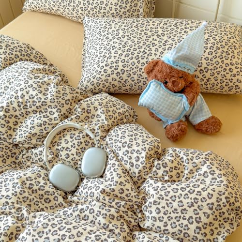 mixinni Muted Retro Leopard Print Duvet Cover Set King Size, 3PCS Cute Sexy Cheetah Bedding, 100% Cotton Double Gauze Soft Aesthetic Cream Vintage Bedding Set with 2 Pillowcases for Girls Women