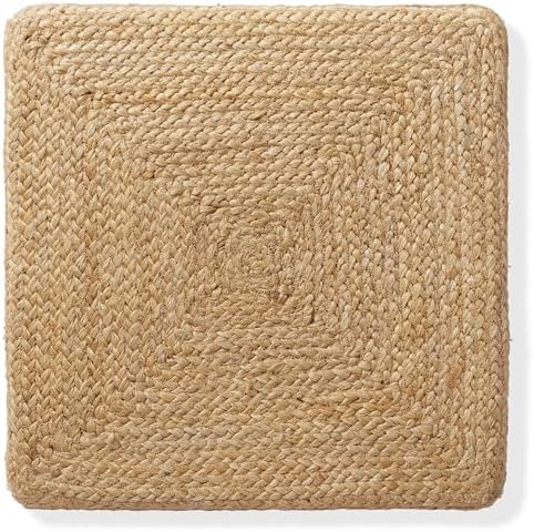 Casafield Hand-Braided Jute Pouf Ottoman Footrest, 18" W x 18" D x 18" H - Square, Natural Woven Boho Floor Cushion, Home Decor for Living Room