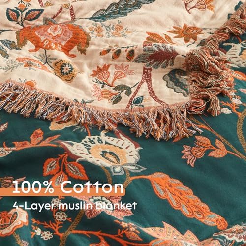 Boho Throw Blanket for Bed 90”x98”, 100% Cotton Blanket for Couch Sofa