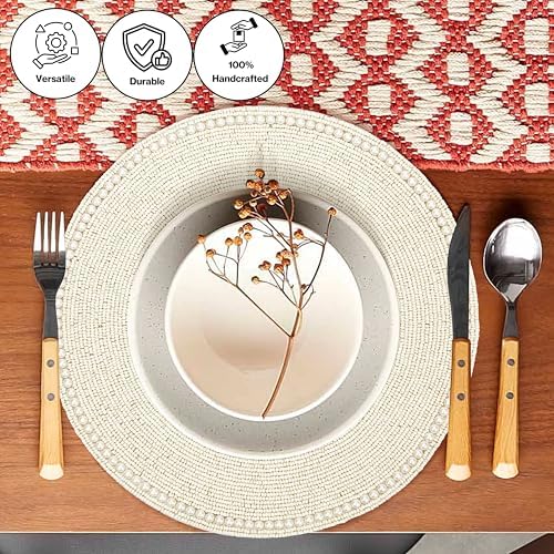 ALPHA Living HOME Beaded Placemats Set of 2 Ivory Round Handmade Table Mats