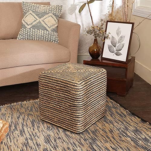 · REDEARTH · Jute Cotton Braided Cube Pouf Ottoman Foot Rest- Natural Black