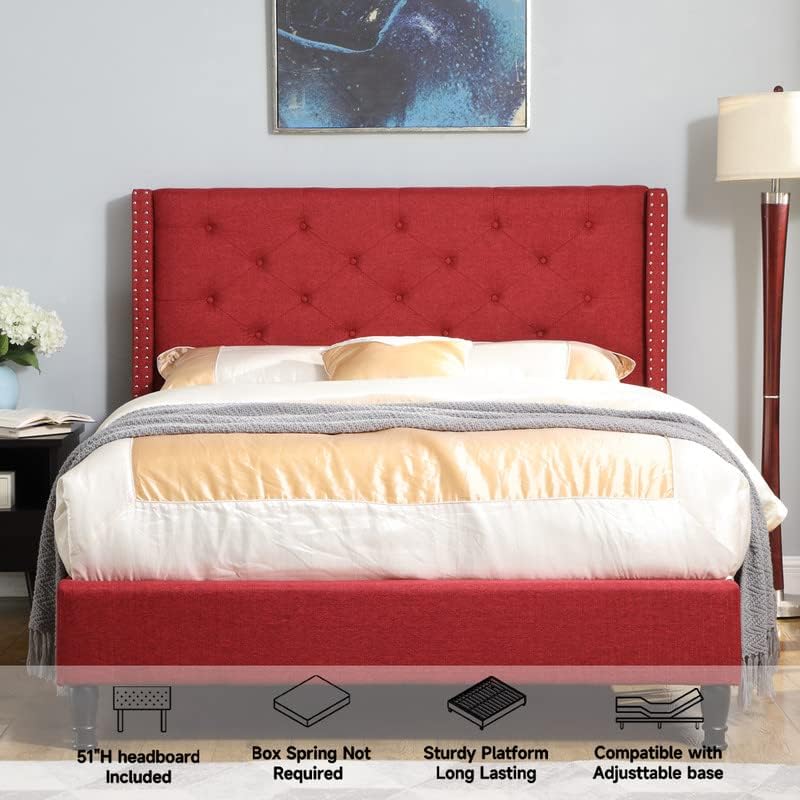 Full Upholstered Platform Bed Frame with 51" Tall Headboard - Button Tufted Cloth Bed - Wood Slat Support with Storage Space - No Box Spring Needed - Easy Assembly - Burgundy - Oliver & Smith - Astor