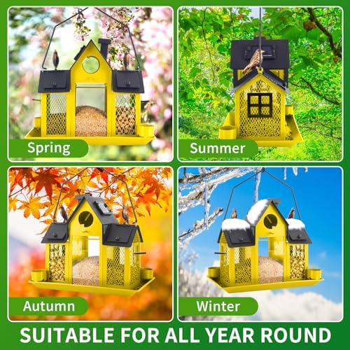 Solar Bird Feeders House for Outside Hanging, Metal Wild Bird Feeder for Outdoors, Large Cardinal Bird Feeder Birdhouses Squirrel Proof (Yellow)