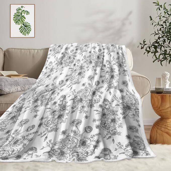 Floral Throw Blanket, Botanical Floral Blanket, Soft, Flannel, Warm, Boho Floral Bed Blanket All Season Flower Throw Blanket for Couch Bedroom Living Room, Gray 50X70 Inch