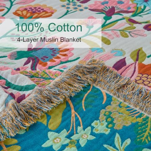 Boho Throw Blanket, 100% Soft Cotton Floral Quilt, Twin 60"x 80"