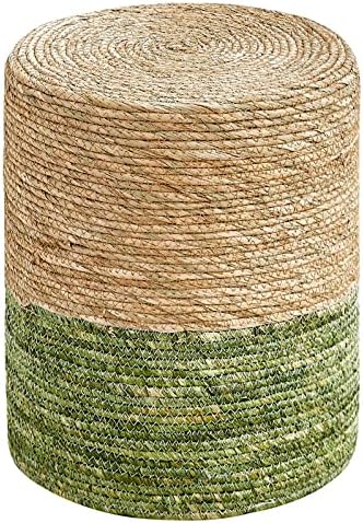 14" Boho Pouf Patio Ottomans Natural Straw Handweave Rustic Round Footstool
