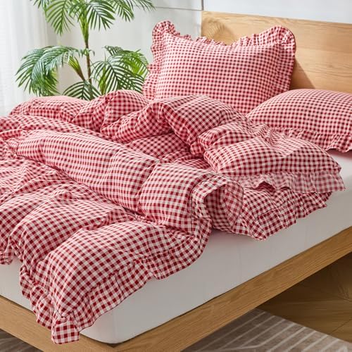 Gingham Duvet Cover Twin Size, 2 Pieces Soft Breathable Microfiber Plaid Duvet Cover with Zipper Closure & 1 Pillow Shams, Ruffle Farmhouse Vintage Decor, Red