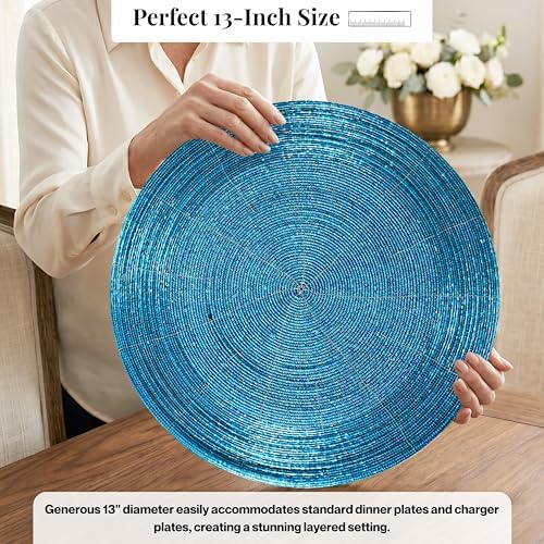 CLEENTABLE Beaded Round Placemats, Set of 4, Teal