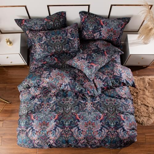 Retro Paisley Duvet Cover Queen Size Boho Damask Duvet Cover Sets 100% Brushed Cotton Bedding Set,1 Duvet Cover and 2 Pillow Shams for All Seasons-Stormy Blue
