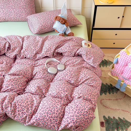 mixinni Hot Pink Leopard Print Duvet Cover Set Twin XL Size, 3PCS Cute Cheetah Animal Bedding, 100% Cotton Double Gauze Soft Aesthetic Retro Sweet‑Cool Bedding Set with 2 Pillowcases for Girls Women