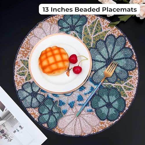Beaded Placemats 13" Flower, Round Dining Table mat, Teal Multi