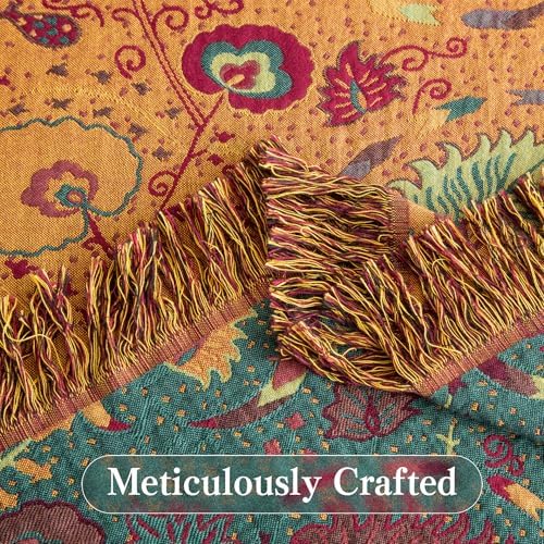 Phuryllic Boho Throw Blanket Queen Size, Oversized Soft Cozy Cotton Muslin Quilt Blanket for Bed Decor, Floral Patterned Couch Sofa Chair Cover, Vintage Farmhouse Cottage Woven Blanket, Green&Orange