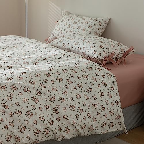 HighBuy Floral Duvet Cover Twin Pink Floral 3 Piece Twin Girl Cottagecore Bedding Set with 2 Bow Tie Pillowcases,Room Decor Vintage Flowers Comforter Cover Princess for Teens Dorm