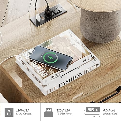 WAMPAT Farmhouse End Table with Charging Station, Narrow Side Table, Oak