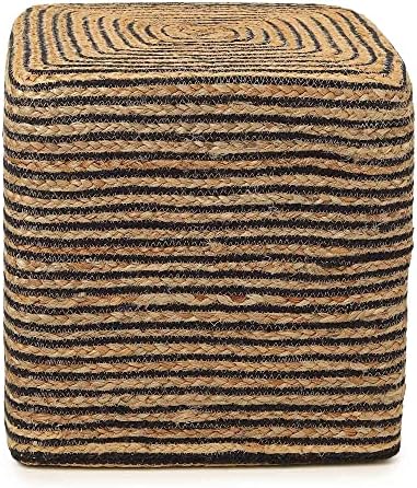 · REDEARTH · Jute Cotton Braided Cube Pouf Ottoman- Natural Black, Set of 2