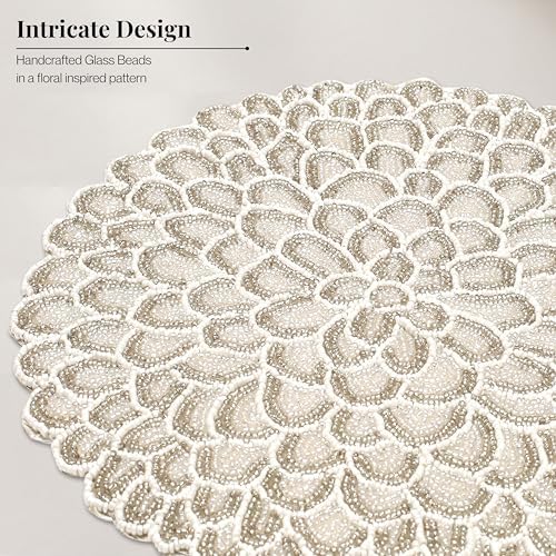ALPHA Living HOME Beaded Placemats 13 Inch Ivory White Handmade Table Mats