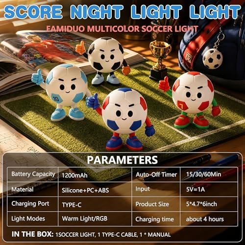 FAMIDUO Soccer Night Light for Kids Room,USB-C Rechargeable Touch RGB Lamp