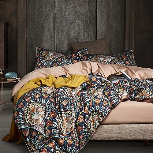 Boho Duvet Cover Queen,Paisley Flower Printed Long Staple Cotton Duvet Cover with 2 Pillowcases,Retro Damask Medallion Bedding Set-3 Pieces 90"x90"