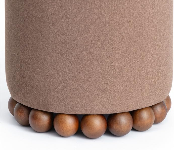 First of a Kind Brown Performance Vegan Mohair Ottoman, Plush Upholstered Accent Stool and Footrest with Foam-Padded Top and Solid Wood Orb Legs