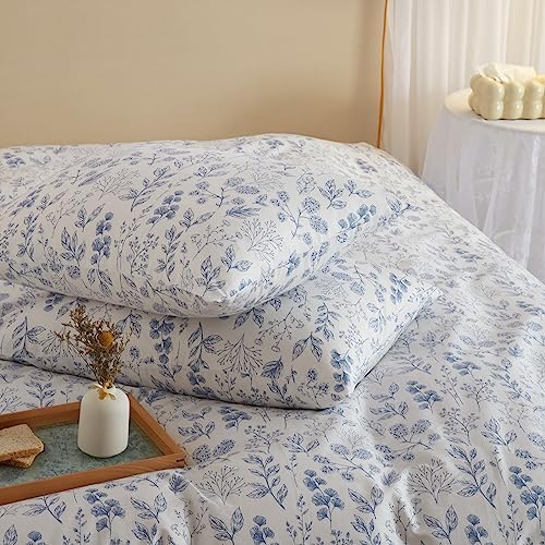 mixinni Girls Blue Flower Leaves Pattern on White Duvet Cover Twin Size Soft Cotton Bedding Comforter Cover Set with Zipper Closure 4 Corner Ties for Teenage Girls (1 Duvet Cover + 2 Pillowcases)