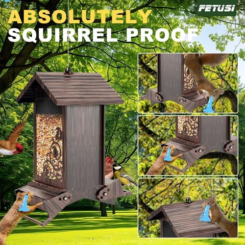 Squirrel Proof Bird Feeder for Outdoor Hanging,Metal Bird Seed Feeder with Bilateral Weight Activated Perches,5LB Large Capacity Wild Bird Feeders for Outside,Easy Refill and Clean,Brown