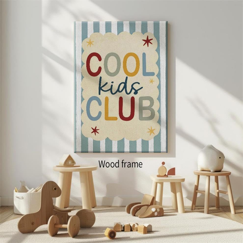 Wrapped Framed 24x36 inch Trendy Preppy Blue Striped Wall Art Cool Kids Club Quotes Poster Modern Funny Toddler Canvas Prints for Kids Playroom Bedroom Wall Decor