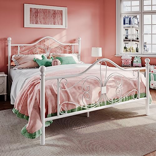 SHA CERLIN Queen Size Metal Bed Frame with Butterfly Headboard, White