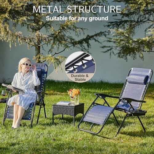 Sweetcrispy Zero Gravity Chairs, Set of 2 Portable Recliner Beach Camping Patio Outdoor Folding Lounge Chair with Cup Holder Trays and Adjustable Pillow for Poolside, Garden, Backyard, Lawn, Blue