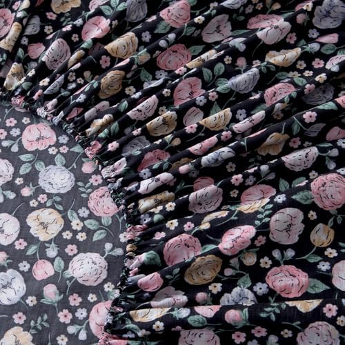 Bedding Fitted Sheet with Deep Pocket,Colorful Floral Printed Fabric Bed Sheets(Black Flower,Twin)