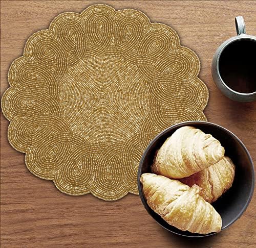 Lightnpro Decorative Beaded Placemats Set of 2 – 13 Inch Gold Round Scalloped Charger Mats, Elegant Handmade Artisan Gold Beaded Table Accessories Décor for Dining, Kitchen, Weddings & Parties