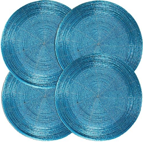 CLEENTABLE Beaded Round Placemats, Set of 4, Teal