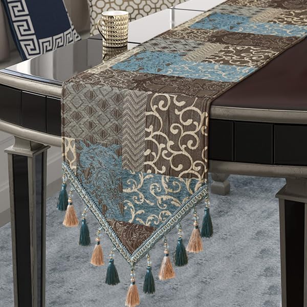 Loom and Mill Luxury Damask Patchwork Table Runner 90 Inches Long, Blue