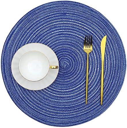 SHACOS Round Braided Placemats Set of 8 Round Table Mats for Dining Tables Washable Fabric Kitchen Table Place Mats (Blue White, 8)