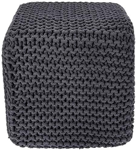 · REDEARTH · Cube Ottoman - Hand Knitted Boho Poof Footrest - Dark Gray