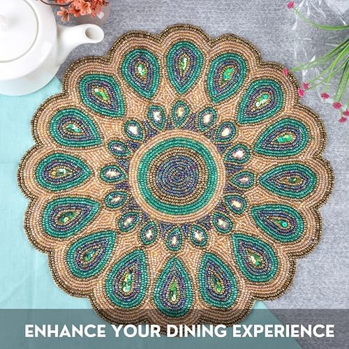 CLEENTABLE Round Beaded Placemat, 13in Glass Bead Table Mat, Green Gold