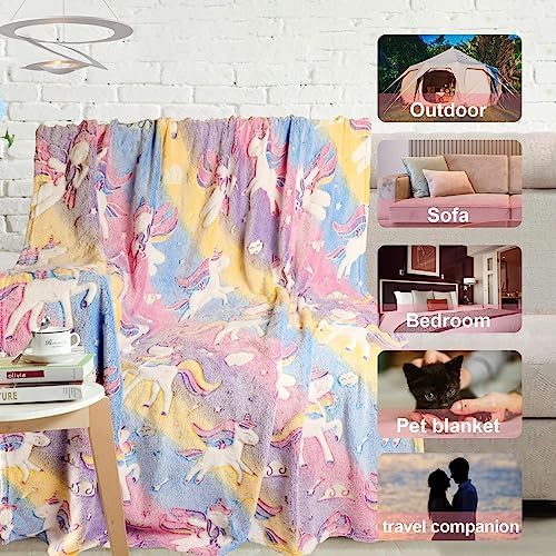 Unicorn Glow in The Dark Kids Blanket, Soft Fleece Throw 50"x60" for Girls & Boys, Ages 3-12