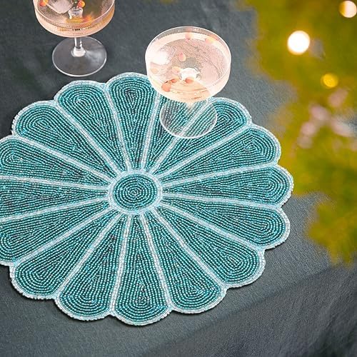 Alpha Living Home 2-Pack Round Placemats, Glass Beads, Teal Silver, 13 Inch