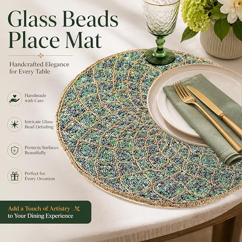 CLEENTABLE Round Beaded Placemat, Green & Gold