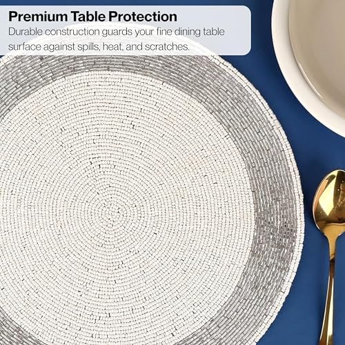 ALPHA Living HOME Beaded Placemats Set of 4 13 Inch Silver White Round Mats