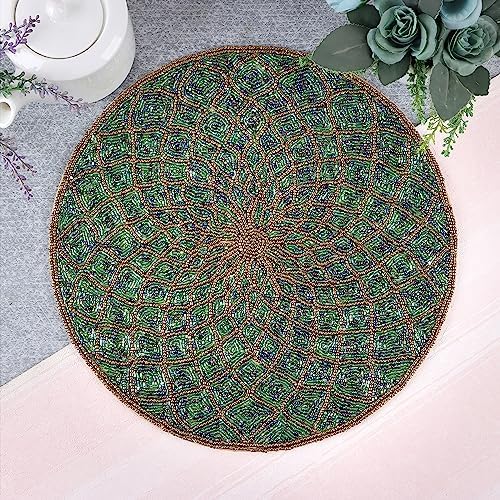 CLEENTABLE Round Beaded Placemat, Green & Gold