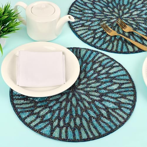 ALPHA Living HOME Beaded Placemats Set of 2, 13 Inch Blue Black Round