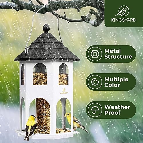 Kingsyard Metal Bird Feeder for Outdoor Hanging, Wild Bird Feeders with Circular Perch, Easy to Clean & Refill, 4 lbs Large Seed Capacity, White